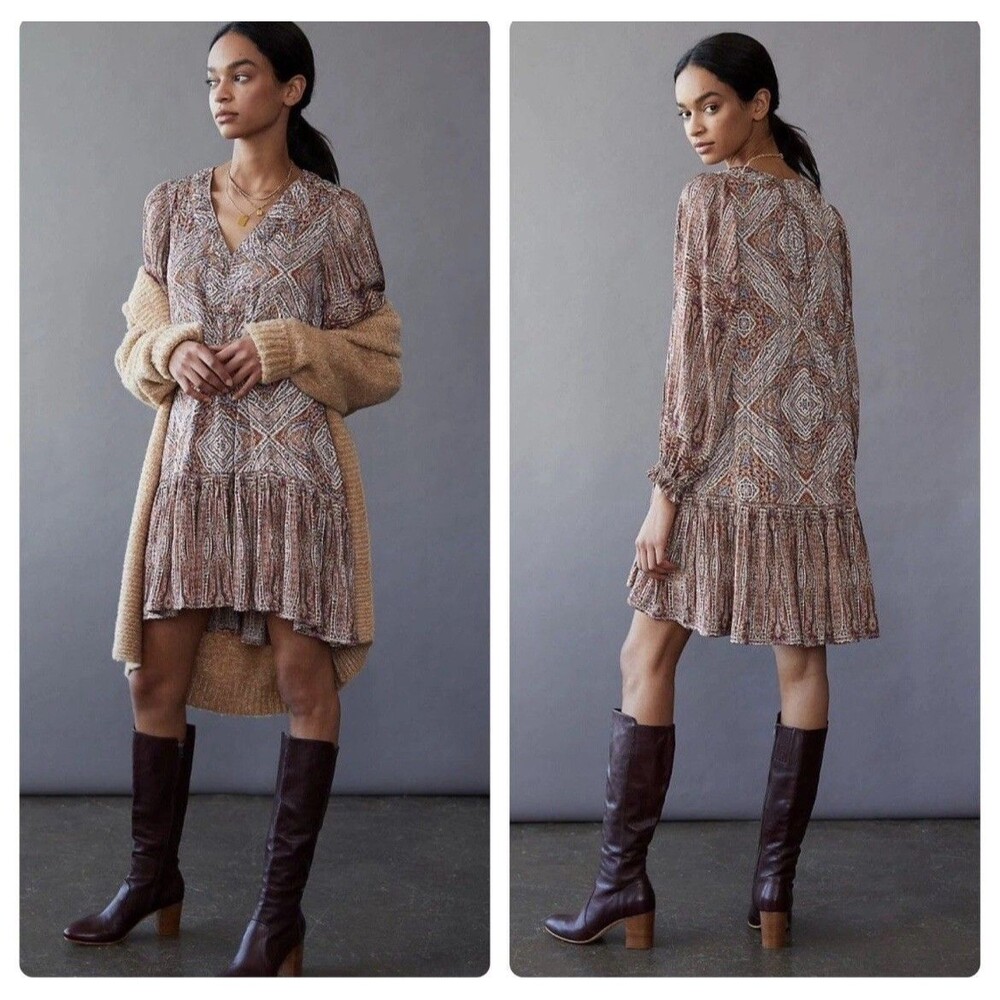 Anthropologie Sabia Flounced Drop Waist Tunic Dress V Neck Pockets Sz XS Boho